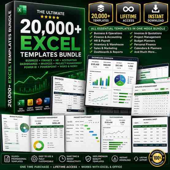 20,000+ Premium Excel Templates Bundle | Business, Finance, HR, Dashboards & More