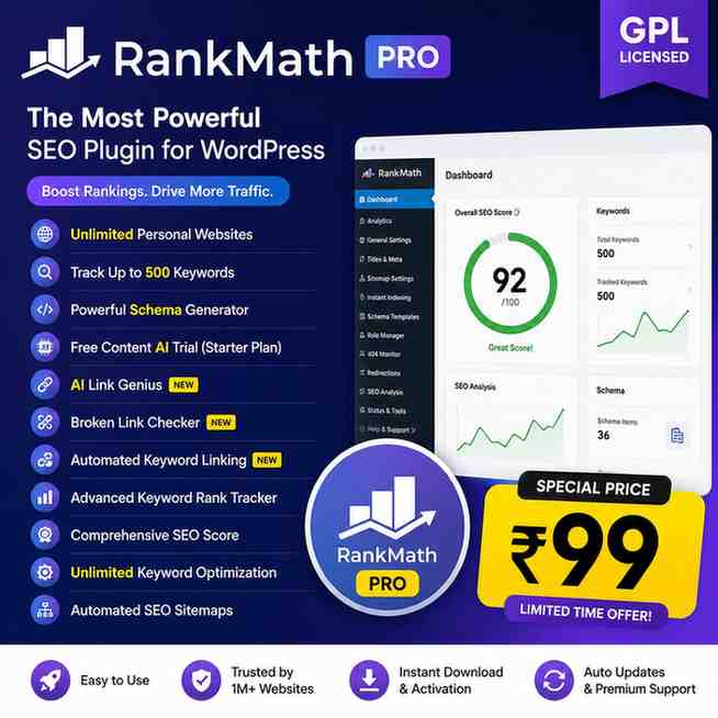 Rank Math Pro GPL – Unlimited Sites | ₹199