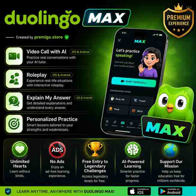 Duolingo Max – AI Features, Unlimited Hearts & Ad-Free Learning
